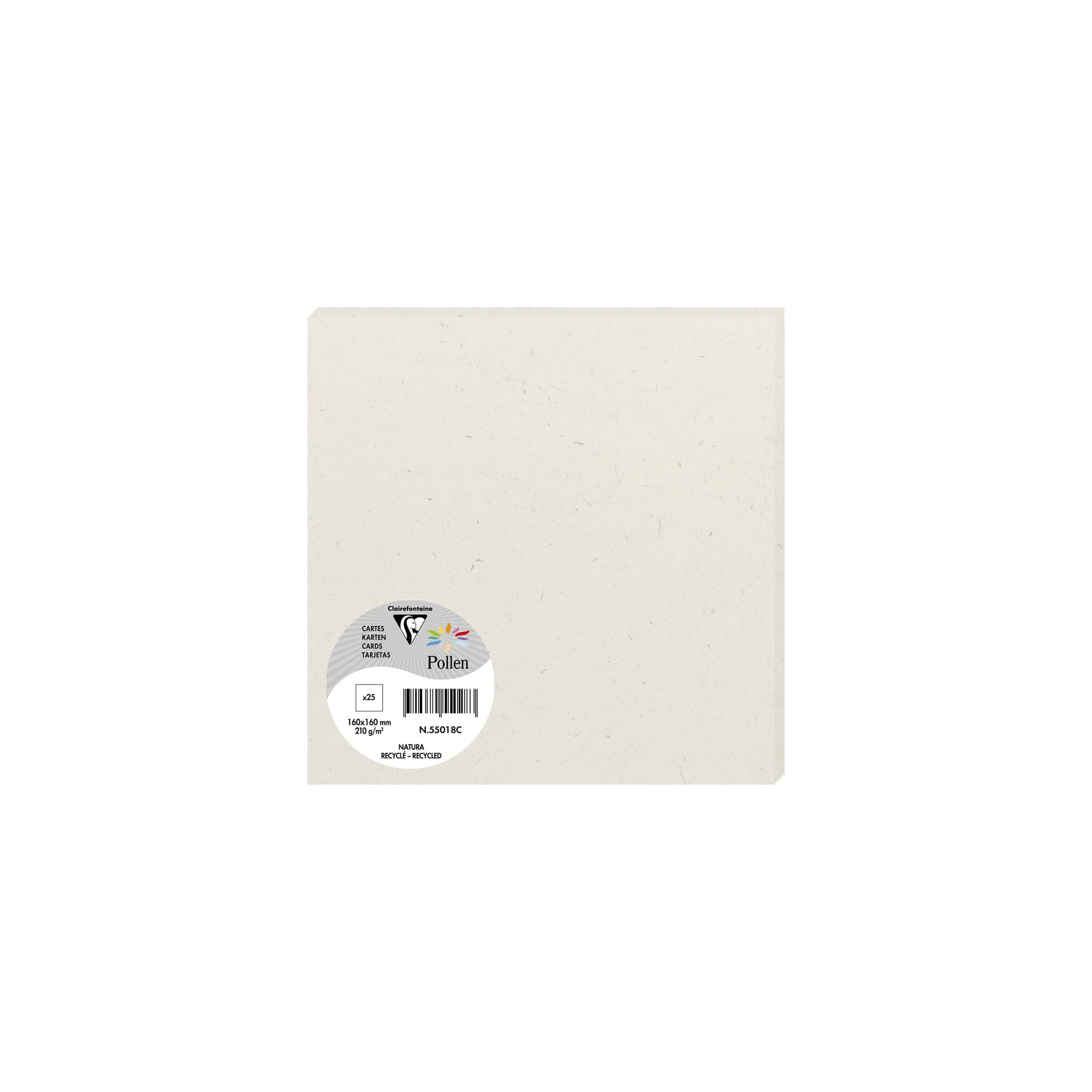 Clairefontaine 55018C Pack of 25 Plain Cards Square format (16x16cm) 210gsm Natura 100% Recycled Paper Invitation & Correspondence Pollen range Premium Paper