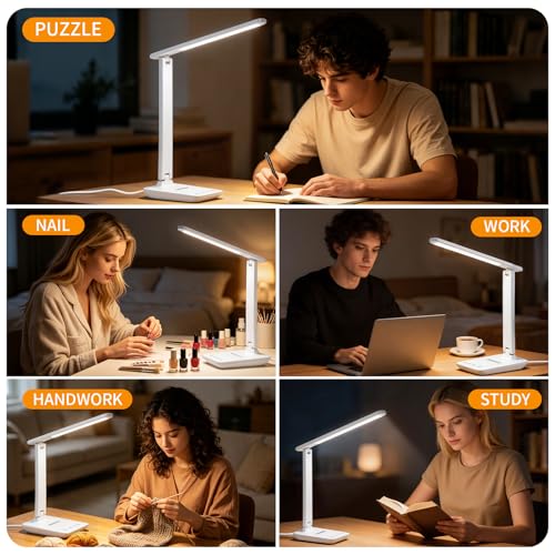 YAMYONE LED Desk Lamp with USB Port, Touch Control, Eye-Protection Light, 5 Color Modes and 5 Brightness Levels, Ideal for Bedroom, Study and Nightstand (White)