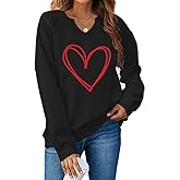 Ymoshoe Women V-Neck Valentine Sweatshirt Love Heart Elbow Patch Shirts Gift for Her