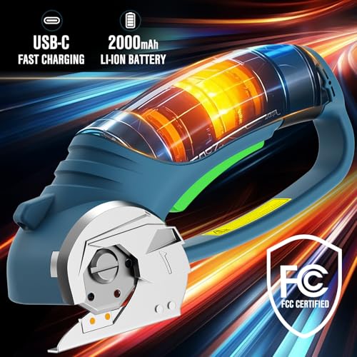 Cordless Electric Scissors 4V Rechargeable Cardboard Cutter with 4 SK5 Blades, 2000mAh Battery, LED Light, Electric Box Cutter 1/3” Cutting Capacity Power Cutter for Fabric Carpet Leather DIY - Blue
