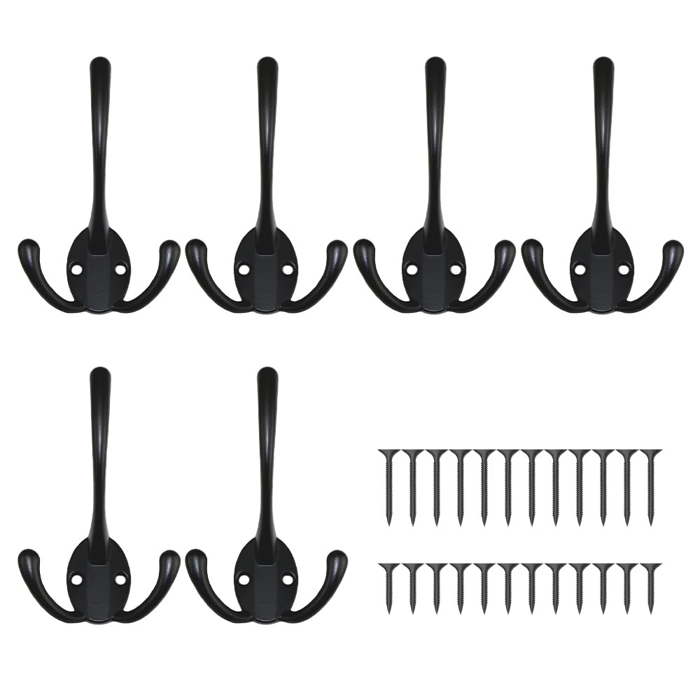 ONEBO 6 Pcs Three Prong Robe Hooks,Three Prong Coat Door Hooks with 24 PCS Screws,Zinc Alloy Wall Mounted Hook,for Hanging Hat Tie Clothes Towel Hanger,for Bedroom Bathroom Kitchen(Black)