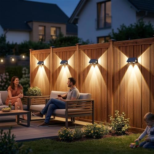 Solar Wandleuchte Aussen,4 Stück Solarlampen für Außen Wand, Auto ON/OFF Zaunleuchte LED, IP65 Wasserdicht Warmweiß Zaun Beleuchtung Solar für Hinterhof Veranda Deck Patio Geländer