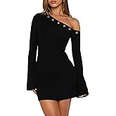 OOQONQ Women's Fall Off The Shoulder Long Flared Sleeve Mini Dress Neckline with Silver Eyelet Bodycon Party Club Dresses
