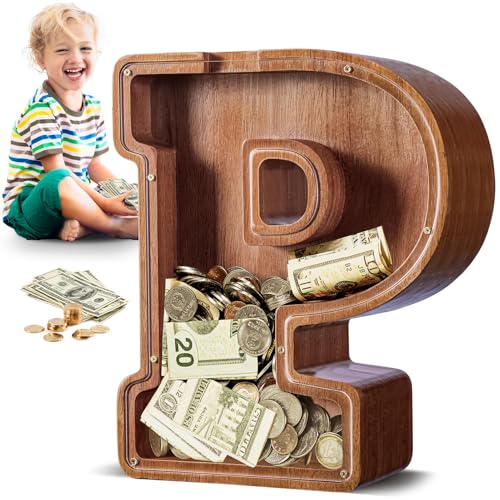 Summidate Spardose für Kinder Junge, Personalisiert Holz Großes Sparschwein, Unzerbrechliches Buchstabe A-Z Sparbüchse für Kinder Mädchen, Erwachsene,