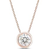 SAVEARTH DIAMONDS 1 Carat 6.5MM Round Cut Lab Created Moissanite Diamond Bezel Set Solitaire Pendant Necklace In 14K Solid Gold Jewelry For Women With 18" Chain (VVS1 Clarity, 1 Cttw)