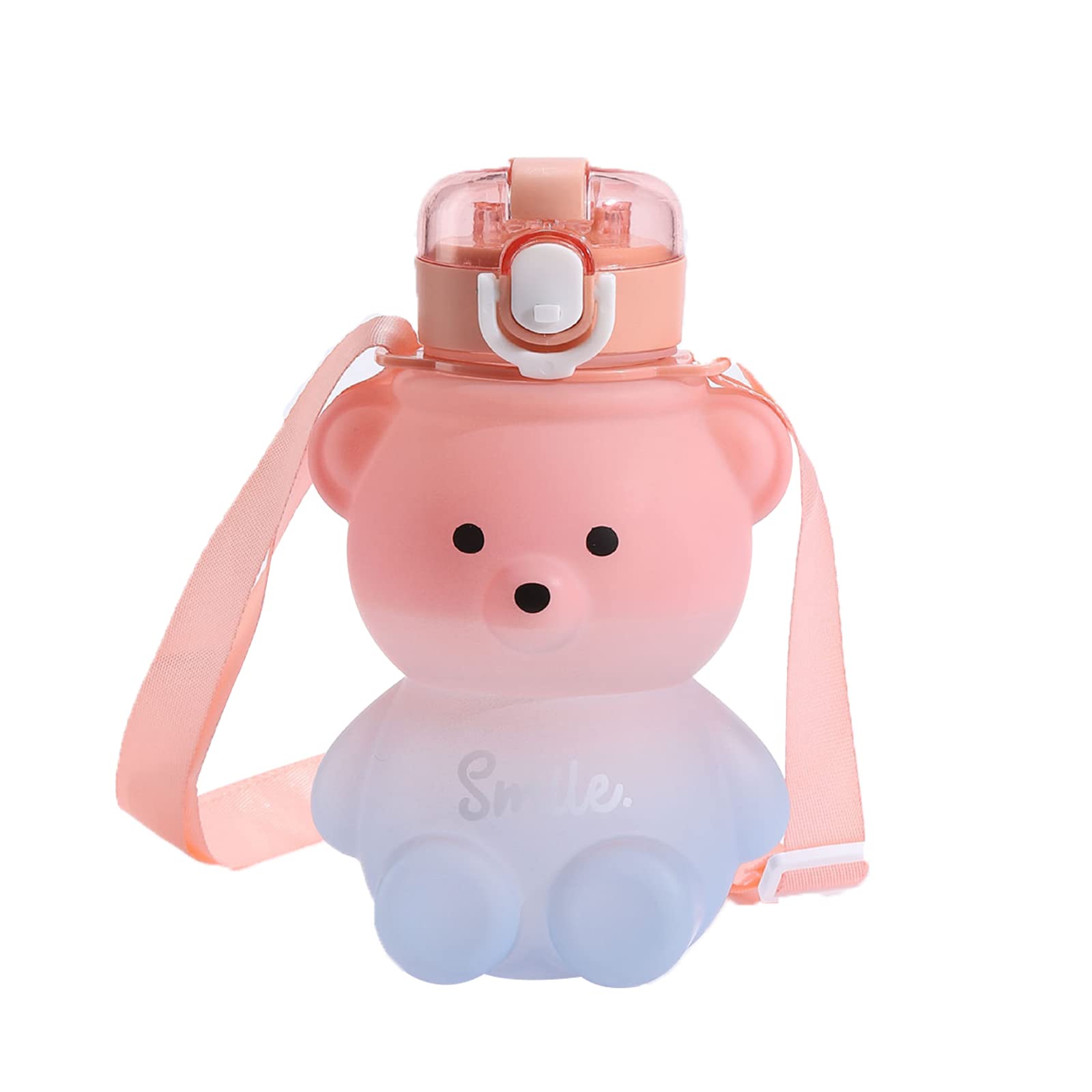 LQSCJS 800ml Bear Water Bottle With Straw, Leak Proof Childs Water Bottle, Kawaii Drinking Bottle with Straw Bpa Free, Drink Bottle with Shoulder Strap for School Outdoor Travel (Pink Blue)
