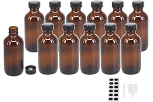 BPFY 12 Pack 4 oz Amber Boston Glass Bottle with Black Poly Cap, Funnel, Chalk Labels, Pen for Homemade Vanilla Extract, Essential Oils, Wedding, Christmas, Holiday Gift (Amber)