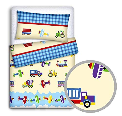 Babymam Baby Newborn Bedding Set Pillowcase + Duvet Quilt Cover 2 Piece to Fit Cot Crib Cradle Pram 120x90cm (Trucks)
