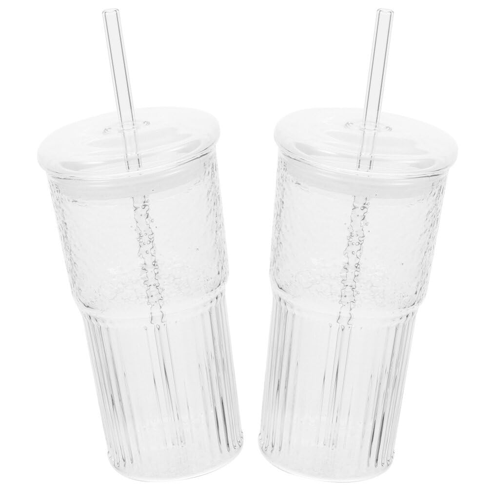 UPKOCH 22Oz Glass Tumbler with Lid and Straw Clear Ribbed Glass Cup for Juice Water Iced Coffee Tea Large 650Ml Cold Drink Cup for Home Office