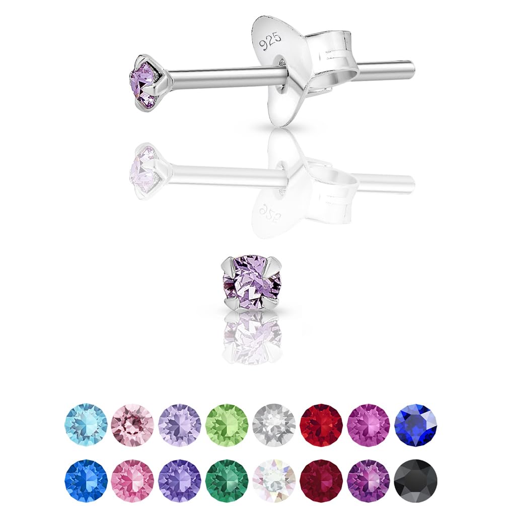 925 Sterling Silver Round Tiny Stud Earrings made with Glittering Crystals - Small Silver Studs Earrings for Woman - Diameter: 2 mm - Colour : Violet