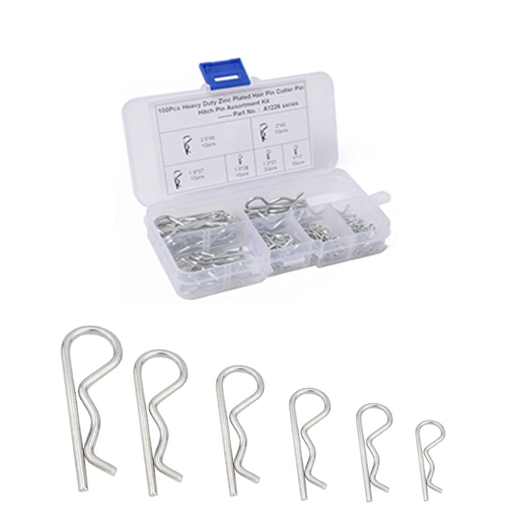 BDHI 100pcs Stainless Steel R Cotter Pin 6size Carbon Steel Hitch R Split Clips Retaining Spring Hitch Cotter Assortment Hitch Pin Clips Fastener Set for Tow Tractor Light Truck Lawn Mower(D33-100)