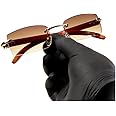 Men Women Rimless Gold Frame Stylish Brown Tinted Woodgrain Shades 90s Rectangle Cool Frameless Retro Trendy Hip Hop Old School Unisex Square Sunglasses