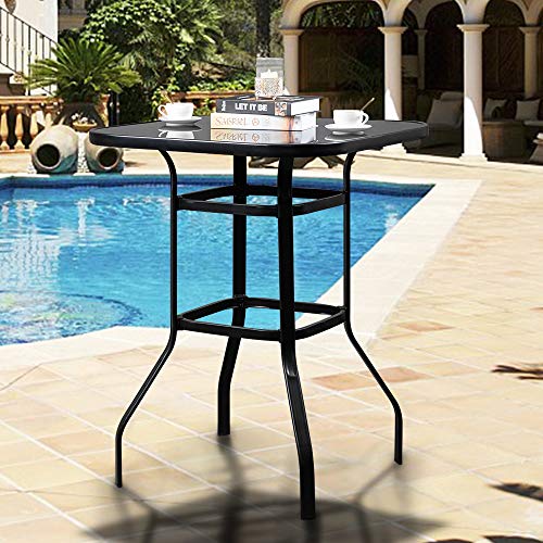 VINGLI Outdoor Bar Table Metal Black Patio Bar Table, Tempered Glass