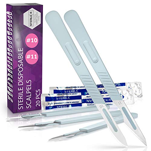 Disposable Scalpel 10 and 11, Pack of 20 Dermaplaning Blades w. Plastic