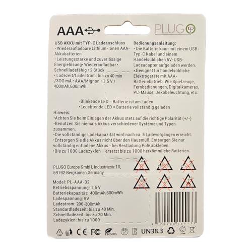Batterie USB - Batterie au lithium AAA 1,5 V - Avec câble de charge USB type C 2 en 1 - 600 mWh - Lot de 2