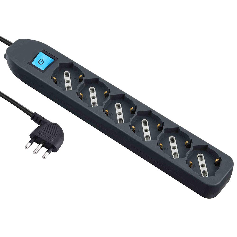 Electraline 62074. Mehrfachsteckdose 6 Sitzer Blasenfolie (Schuko + 10/16 A) mit Schalter – Kabel 1,5 m, schwarz, 62074