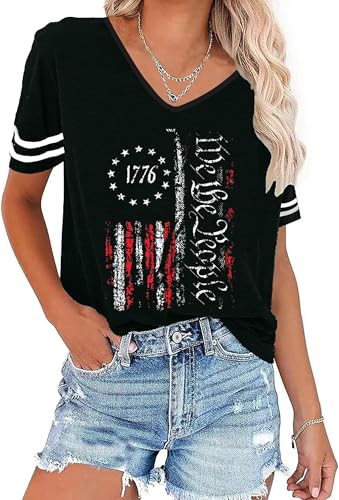 MHTOR Women's July 4th Patterned USA Flag Patriotic T-Shirt 1776 Retro Casual Shirt Summer Casual Loose Sexy Joker top (Large, CA-Black) at Amazon