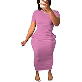 Women's Short Sleeve Dress T Shirt Bodycon Ribbed V Neck Maxi Sundress Basic Party Club Night Out Dresst-Pink-XL