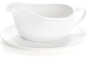 Yesland 15 oz Gravy Boat and Tray, Ceramic White Gravy Sauce Boat with Saucer Stand for Dining, Holiday Meals & Parties