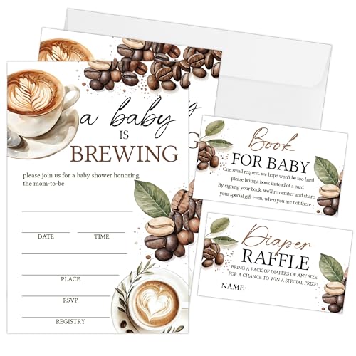 SIXEIGHT Baby Shower Invitation, 25 Sets A Baby Is Brewing Baby Shower Invites with Envelopes, Diaper Raffle Tickets & Books for Baby Cards, Coffee Gender Reveal Party Supplies Decorations-A17