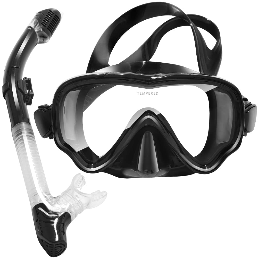 HINATAA Snorkel Set Adults/Kids, Panoramic 180° Wide View Scuba Mask, Anti-Fog Anti-Leak Tempered Glass Safety Scuba Diving Mask, Free Breathing Easy Dry Top Snorkel, Adjustable Strap (Black/Adult)