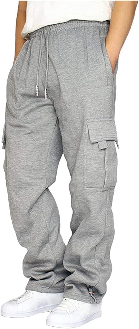 Photo 1 of HUNGSON Mens Cargo Sweatpants Drawstring Casual Hiking Pants Joggers Athletic Trousers Cotton Loose Straight Pants for Men Grey Heather