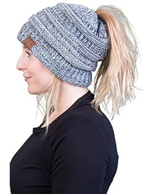 Funky Junque’s BeanieTail Womens Ponytail Messy Bun Beanie Multi Color Ribbed Hat Cap