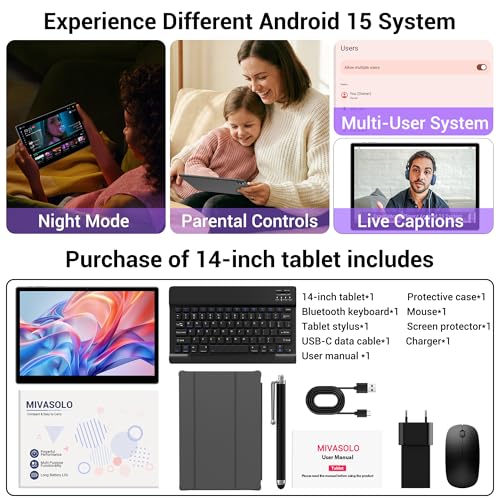 MIVASOLO Tablet 14 Pollici Android 15 Tablet 5G WiFi,Octa-Core 2.0Ghz,36GB RAM+512GB ROM/11580mAh/Face Unlock/OTG/GPS-Tablets in Offerta con Tastiera e Mouse,Grigio