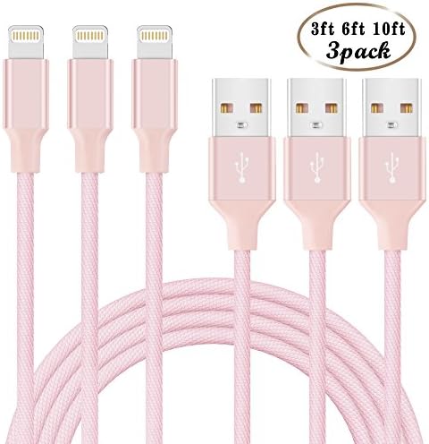 iPhone Charger Teletrogy 3Pack 3ft 6ft 10ft iPhone Cable Nylon Braided Lightning to USB Cable Compatible with iPhone 7 7 Plus 6s 6s Plus 6 6 Plus 5 5c 5s SE iPad iPod and more (Pink)