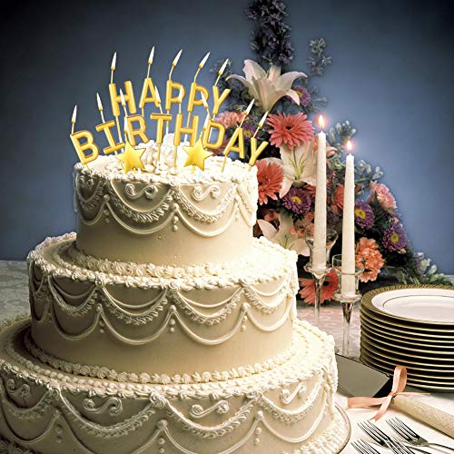 DaveandAthena 21 Pieces Gold Happy Birthday Candles Star Birthday Cake Toppers Metallic Birthday Letters Candles for Birthday Wedding Party Cake Decoreations