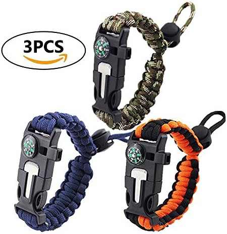 GL100 3PC Outdoor Emergency Paracord Bracelet 5 in 1 With Compass,Flint Fire Starter,Emergency Scraper/Knife,Whistle,Rescue Rope-Perfect for Camping,Hiking,Trekking,Travel