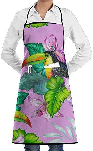 SmallTing Amazing Seamless Pattern With Toucan Bird Tropical Flowers And Birds Exotic Canvas Baker Black One Size Apron With Pockets Adjustable