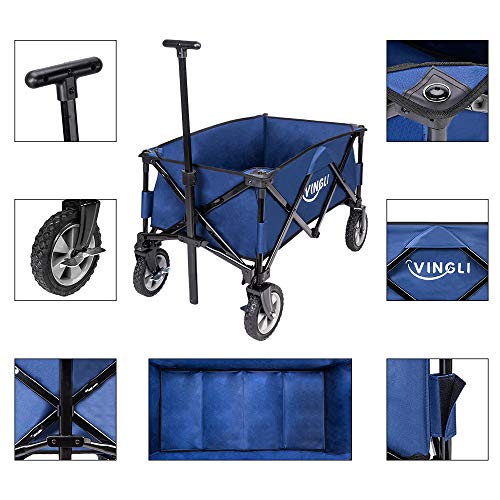 VINGLI Portable Collapsible Utility Wagon,Sturdy Outdoor Folding Garden Sports Shopping Cart, Steel Frame for Beach Park Camping Patio Compact on Wheels Blue