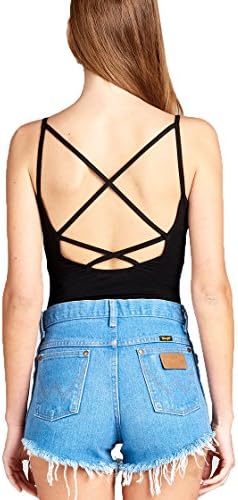 Black Soo Women's Cami Strap Criss Cross Back Bodysuit Black Medium