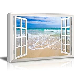 Print Window Frame Style Wall Decor Beach and Clear Wave Stretched