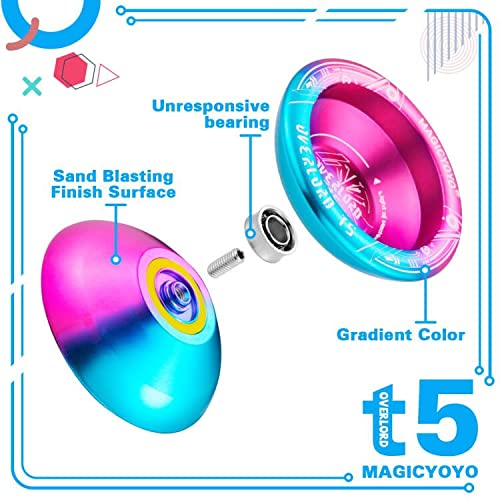 YOSTAR Yoyo Professional Unresponsive Yo-yo T5 Plus Overlord, Aluminum Alloy Metal Yo yo, Enter Level Trick yoyo for Beginner, with 6 Yoyo Strings, Yo-Yo Bag, Glove (Blue Pink Gradient )
