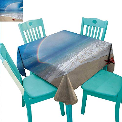 WilliamsDecor Starfish Fabric Dust-Proof Table Cover Rainbow Over The Sea Clouds and Clear Sky Foamy Ocean Waves on The Sandy Beach for Kitchen Dinning Tabletop Decoration 50" Wx80 L Multicolor