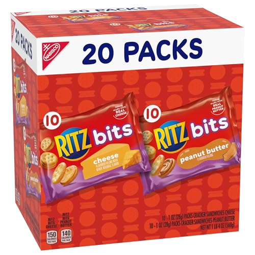 RITZ BITS CHEESE AND RITZ BITS PEANUT BUTTER SANDWICH CRACKERS VARIETY PACK, LUNCH SNACKS, 20 SNACK PACKS