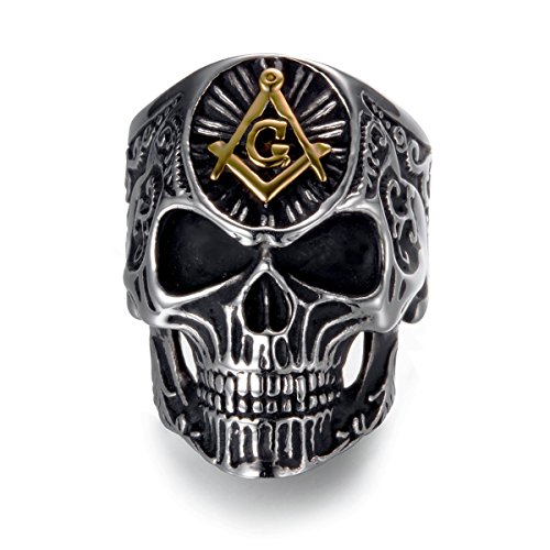 TianyiMen's Masonic Skull Rings Vintage Freemason Stainless Steel Heavy Metal Rock Punk Biker Bands Size 11