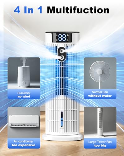 Portable Air Conditioner, 4 in 1 Air Cooler, Tower Fan with 2 Spray Modes, Timing Function and Remote Control, Personal Evaporative Cooler Mini Air Conditioning Unit for Home Office Bedroom(Off White)