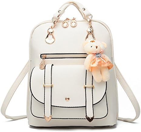 White Backpack With Bear Pattern Type Solid Gift for Women Double Root Zipper PU Leather Preppy Style