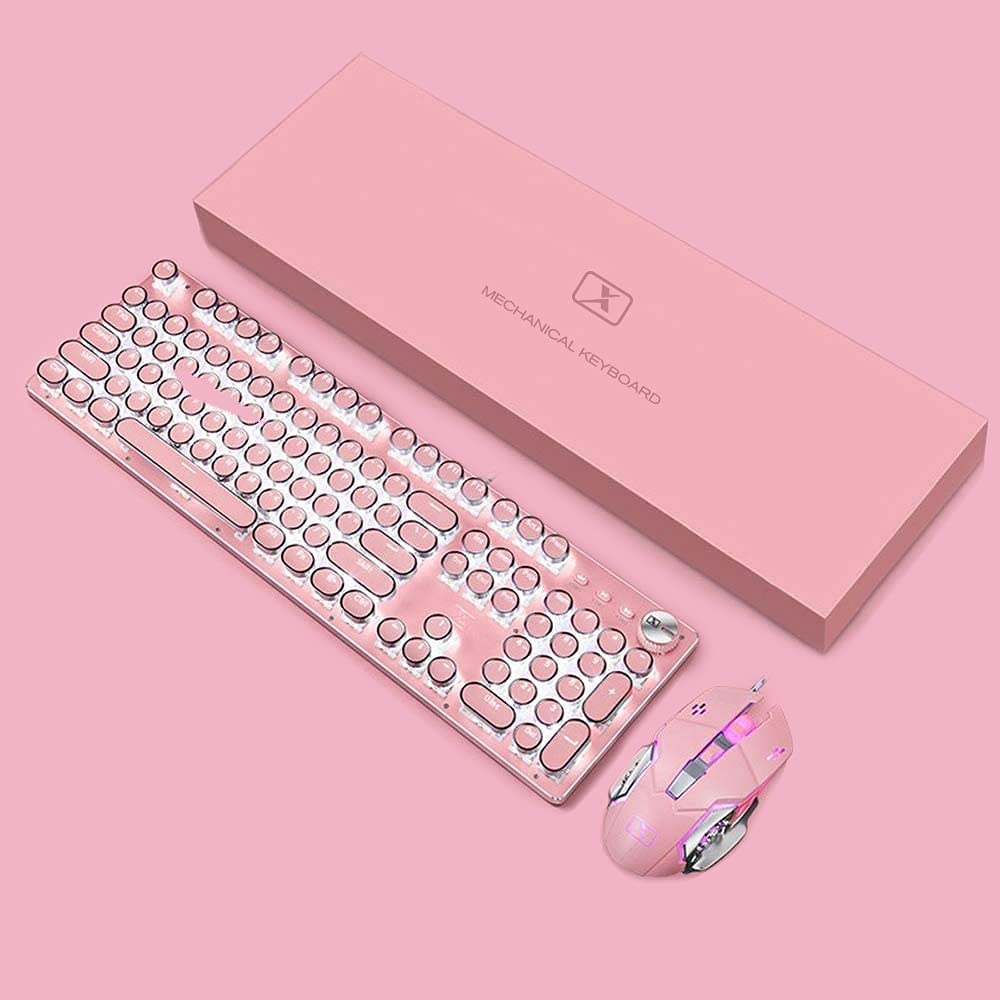 Basaltech Mechanical Gaming Keyboard and Mouse Combo, Retro Steampunk Vintage Typewriter-Style Keyboard with LED Backlit, 104-Key Anti-Ghosting Blue Switch Wired USB Metal Panel Round Keycaps, Pink
