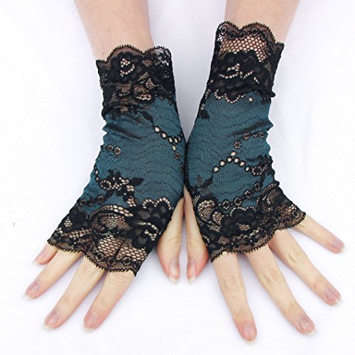 Teal black lace fingerless gloves