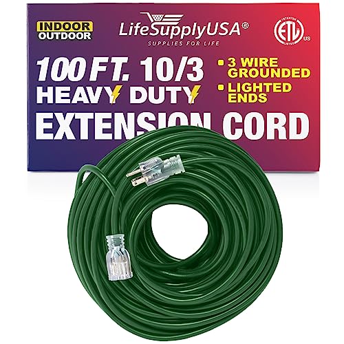 100 ft Power Extension Cord Outdoor & Indoor Heavy Duty 10 Gauge/3 Prong SJTW (Green) Lighted