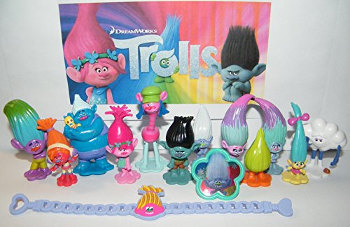 Dreamworks Trolls Movie Deluxe Figure Toy Set of 14 with 12 Figures, Ring, Troll Bracelet Featuring DJ Suki, Princess Poppy, Branch and Many More!