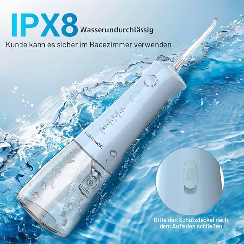 Munddusche Kabellos, elektrische Zahnseide mit 5 Druckmodi, IPX8 wasserdicht, tragbare Munddusche zur Zahnfleischpflege, Zahnreinigungsset, QR-7102 (Pastellblau)