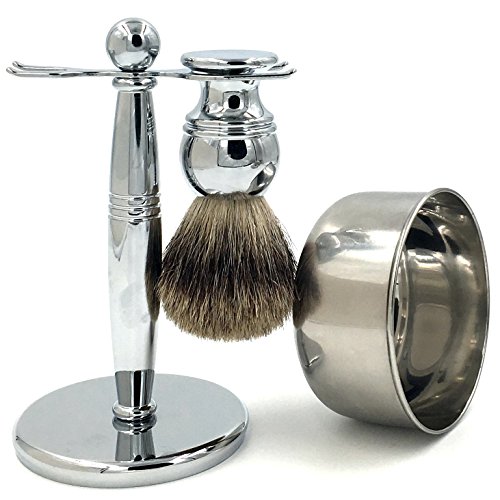 Genuine Badger Brush Deluxe Chrome Brush Handle + Stainless Steel Soap Bowl/Mug + Shaving Brush Stand Holder for Razor and Brush