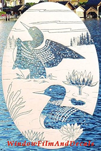 Loon Scene Oval Etched Window Decal Vinyl Glass Cling - 10.5" x 16" - White with Clear Design Elements