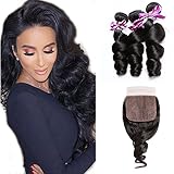 Perstar Loose Wave 3 Bundles With Closure Human Hair 8A Brazilian Virgin Hair Extensions With 4