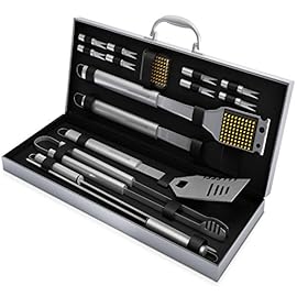 BBQ Grill Tools Set with 16 Barbecue Accessories – Stainless Steel Utensils with Aluminium Case- Men Complete Outdoor Grilling Kit for Dad